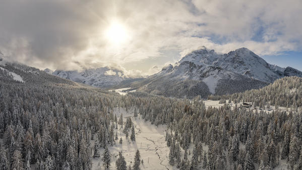 aerial view of Cristallo Mountain after a big snowfall, Dolomiti, municipality of Auronzo di Cadore, Belluno province, Veneto district, Italy, Europe.