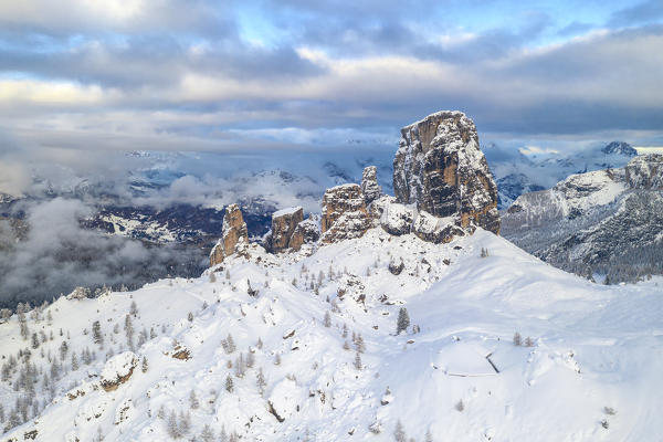 aerial view of Cinque Torri in winter time, Dolomiti, municipality of Cortina d'Ampezzo, Belluno province, Veneto district, Italy, Europe.