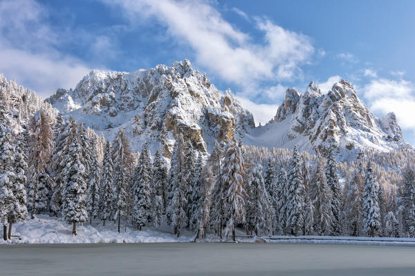 a famous Cadini of Misurina mountain seen from the Antorno lake in winter time, Dolomiti, municipality of Auronzo di Cadore, Belluno province, Veneto district, Italy, Europe.