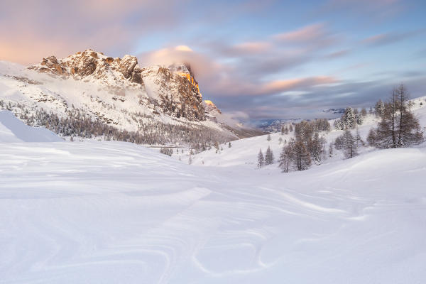 a long exposure to capture the movement of the clouds at sunset over the Tofane, Dolomites, municipality of Cortina d'Ampezzo, Belluno province, Veneto district, Italy, Europe.

