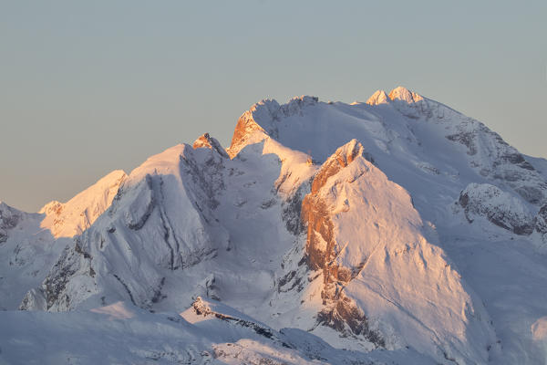 the Marmolada group at sunrise, seen from the Giau Pass, Dolomites, Trento province, Trentino-Alto Adige, Italy, Europe.