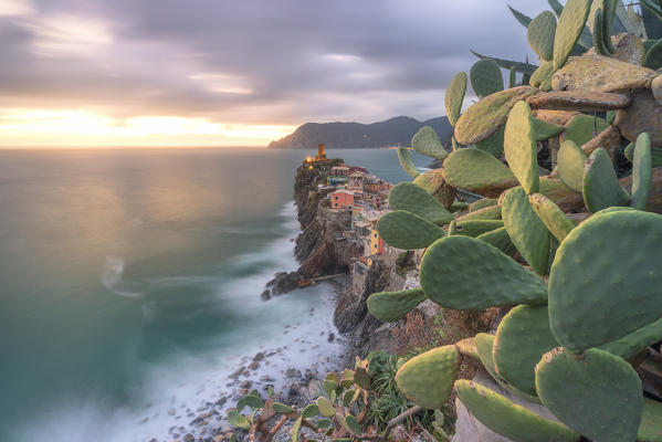 golden sunset in winter time at Vernazza, Cinque Terre, World Heritage Site, La Spezia province, Liguria district, Italy, Europe.