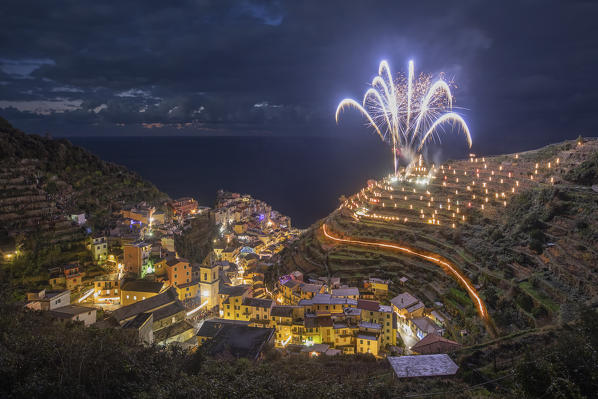 a long exposure to capture the splendid nativity scene on the hill of Manarola, UNESCO World Heritage Site, National Park of Cinque Terre, municipality of Riomaggiore, La Spezia province, Liguria district, Italy, Europe