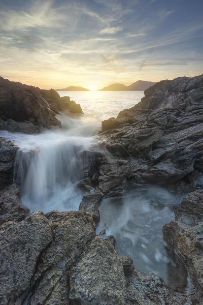 water games in the cliffs of the Gulf of Poets during the sunset, municipality of Lerici, La Spezia province, Liguria district, Italy, Europe