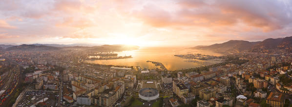 aerial panoramic view of La Spezia during an exciting sunrise, municipality of La Spezia, La Spezia province, Liguria district, Italy, Europe