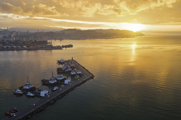 aerial view of the Port of La Spezia during a splendid winter sunrise, municipality of La Spezia, La Spezia province, Liguria district, Italy, Europe
