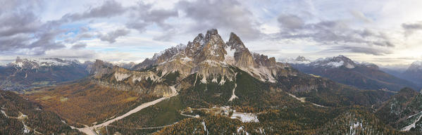aerial view taken by drone of Cristallo mountain, UNESCO World Heritage Site, municipality of Auronzo di Cadore and Cortina d'Ampezzo, Belluno province, Veneto district, Dolomiti, Italy, Europe