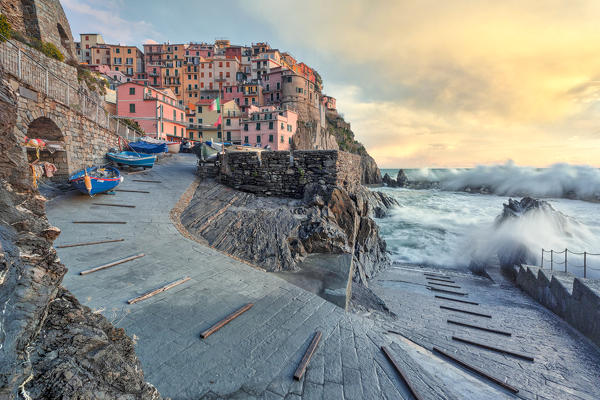 a strong storm hits the village of Manarola, Cinque Terre National Park, municipality of Riomaggiore, La Spezia province, Liguria district, Italy, Europe