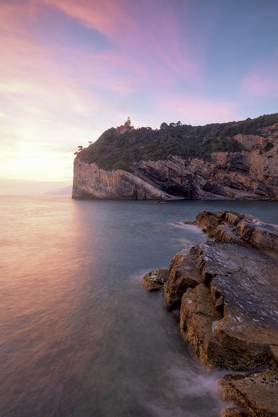 a colorful summer sunset taken from the archipelago of the islands of the Gulf of La Spezia, Tinetto Island, municipality of Portovenere, La Spezia province, Liguria district, Italy, Europe