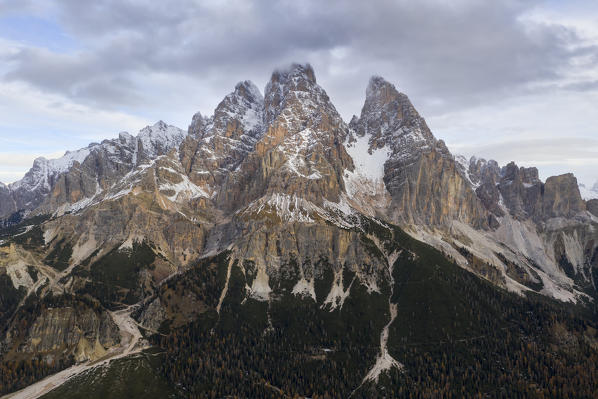 aerial panoramic of Cristallo mountain in autumn day, Dolomiti, municipality of Cortina d'Ampezzo, Veneto district, Italy, Europe