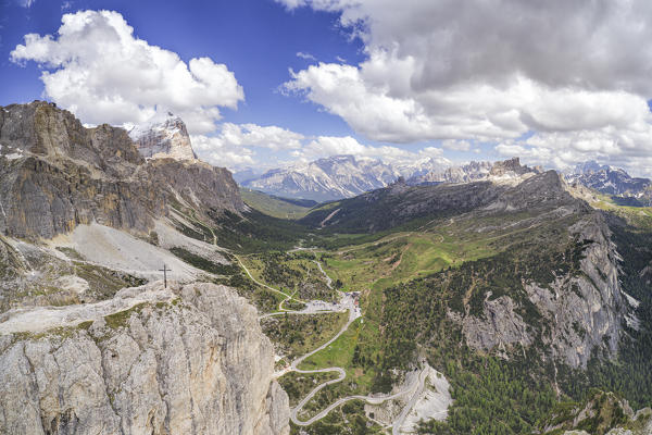 aerial panoramic view taken from the drone of the Falzarego Pass in summer time, Dolomiti, municipality of Cortina d'Ampezzo, Belluno province, Veneto district, Italy, Europe