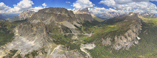 aerial panoramic view taken from the drone of the Falzarego Pass in summer time, Dolomiti, municipality of Cortina d'Ampezzo, Belluno province, Veneto district, Italy, Europe