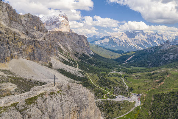 aerial panoramic view taken from the drone of the Falzarego Pass in summer time, Dolomiti, municipality of Cortina d'Ampezzo, Belluno province, Veneto district, Italy, Europe