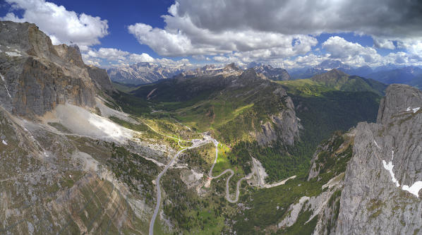 aerial panoramic view taken from the drone of the Falzarego Pass in summer time, Dolomiti, municipality of Cortina d'Ampezzo, Belluno province, Veneto district, Italy, Europe