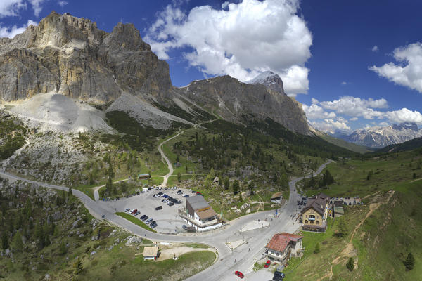 aerial panoramic view taken from the drone of the Falzarego Pass in summer time, Dolomiti, municipality of Cortina d'Ampezzo, Belluno province, Veneto district, Italy, Europe