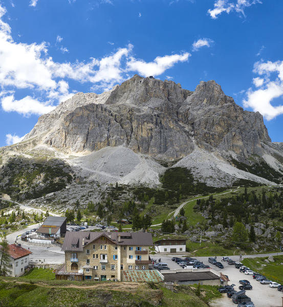 aerial panoramic view taken from the drone of the Falzarego Pass in summer time, Dolomiti, municipality of Cortina d'Ampezzo, Belluno province, Veneto district, Italy, Europe