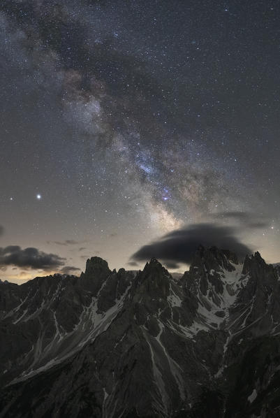 the Milky Way above the Cadini di Misurina in summer night, Dolomites, municipality of Auronzo di Cadore, Belluno province, Veneto district, Italy, Europe