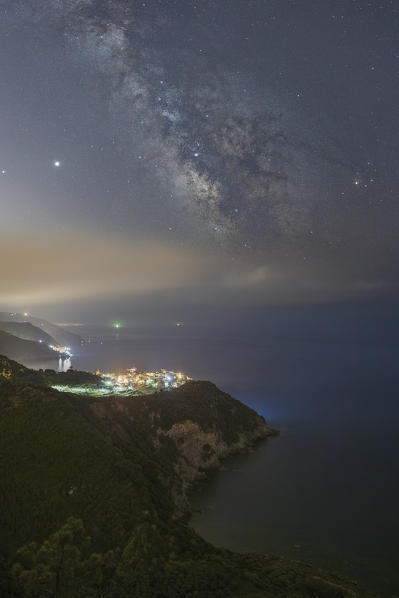 the milkyway over the typical ligurian village of Corniglia, national park of Cinque Terre, Unesco World Heritage Site, municipality of Vernazza, La Spezia province, Liguria district, Italy, Europe