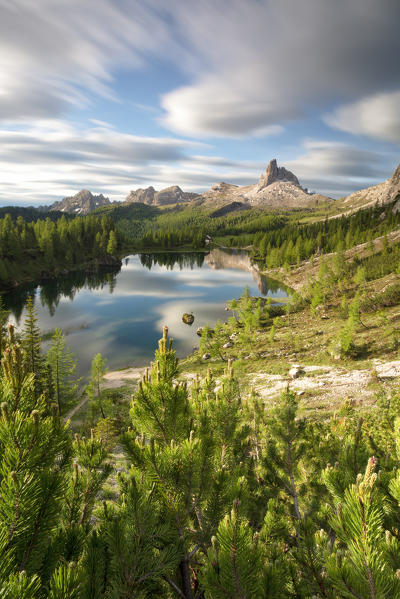 a long exposure to capture the sunrise over the Croda da Lago mountain, Dolomiti, municipality of Cortina d'Ampezzo, Belluno province, Veneto district, Italy, Europe
