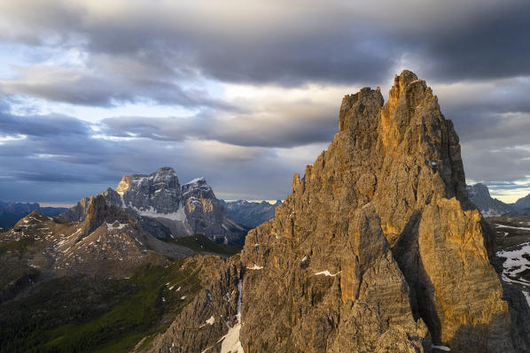 aerial view of the Dolomite peaks around Lake Federa during a summer sunrise, Dolomiti, municipality of Cortina d'Ampezzo, Belluno province, Veneto district, Italy, Europe