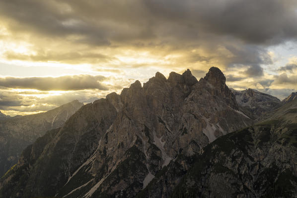 aerial view of the Duro mountain during a warm summer sunrise, Dolomiti, municipality of Cortina d'Ampezzo, Belluno province, Veneto district, Italy, Europe