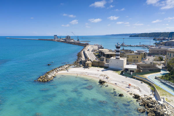 aerial view of the lighthouse in the port of Ortona, during a summer day, municipality of Ortona, Chieti province, Abruzzo district, Italy, Europe