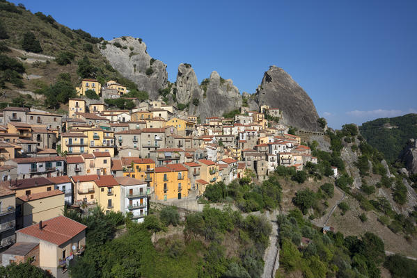 daytime view of the village of Castelmezzano during a cool summer day, with the Lucanian Dolomites in the background, municipality of Castelmezzano, Potenza province, Basilicata district, southern Italy, Europe