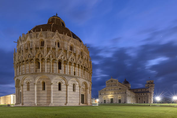 the extraordinary baptistery of San Giovanni, the cathedral with the adjacent leaning tower photographed on a summer night, Unesco World Heritage Site, municipality of Pisa, Pisa province, Tuscany district, Italy, Europe