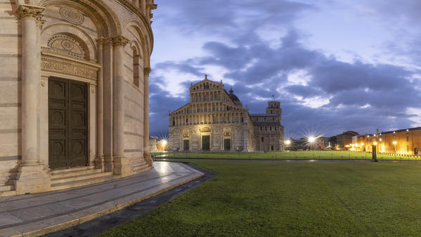 the extraordinary cathedral of Pisa with the adjacent leaning tower photographed on a summer sunrise, Unesco World Heritage Site, municipality of Pisa, Pisa province, Tuscany district, Italy, Europe