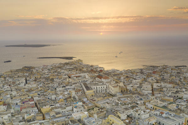 aerial view of the city center of Gallipoli in summer time, located along the Ionic coast, municipality of Gallipoli, Lecce province, Apulia district, Italy, Europe