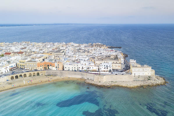 aerial view of the city center of Gallipoli in summer time, located along the Ionic coast, municipality of Gallipoli, Lecce province, Apulia district, Italy, Europe