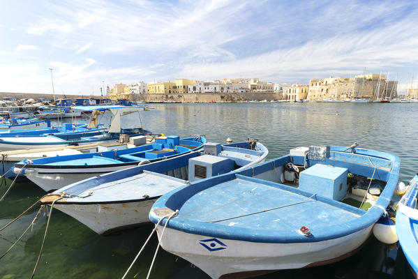 the fishing boats moored in the port of Gallipoli, during a summer day, located along the Ionic coast, municipality of Gallipoli, Lecce province, Apulia district, Italy, Europe
