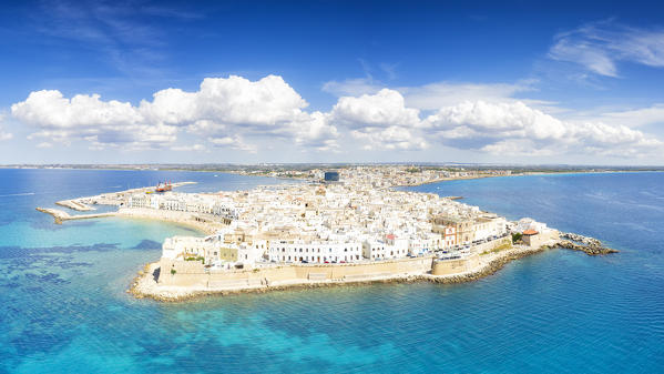 aerial view of the city center of Gallipoli in summer time, located along the Ionic coast, municipality of Gallipoli, Lecce province, Apulia district, Italy, Europe