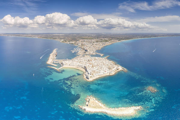 aerial view of the city center of Gallipoli in summer time, located along the Ionic coast, municipality of Gallipoli, Lecce province, Apulia district, Italy, Europe