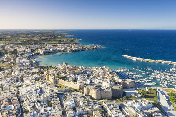 aerial view of the city center of Otranto in summer time, located along the Adriatic coast, municipality of Otranto, Lecce province, Apulia district, Italy, Europe