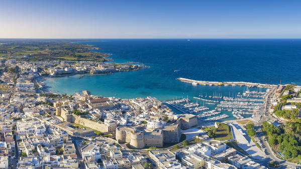 aerial view of the city center of Otranto in summer time, located along the Adriatic coast, municipality of Otranto, Lecce province, Apulia district, Italy, Europe