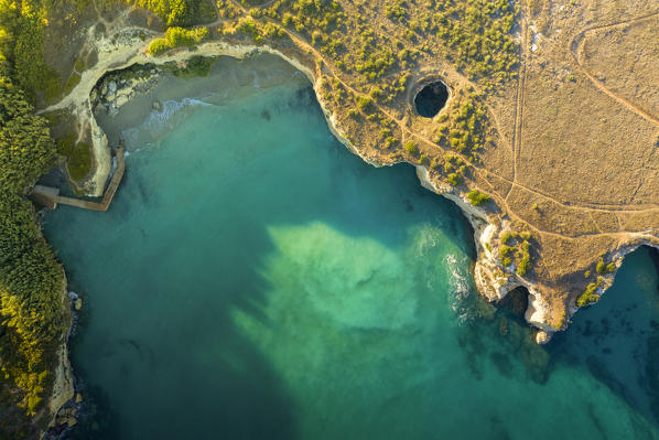 aerial view of the Grotta Sfondata, located along the Adriatic coast near Otranto, municipality of Otranto, Lecce province, Apulia district, Italy, Europe