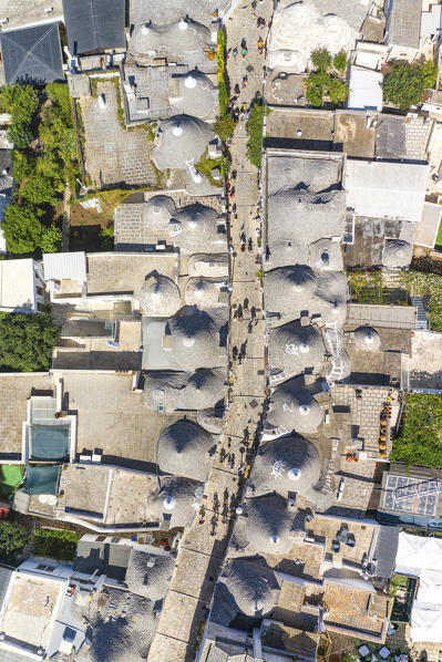 aerial view taken by drone of the typical village of Alberobello (Unesco World Heritage Site)(Unesco World Heritage Site) and its unique Trulli, during a splendid summer day, municipality of Alberobello, Bari province, Apulia district, Italy, Europe