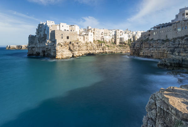 classic view of the splendid seaside village of Polignano a Mare, during a splendid summer day, municipality of Polignano a Mare, Bari province, Apulia district, Italy, Europe