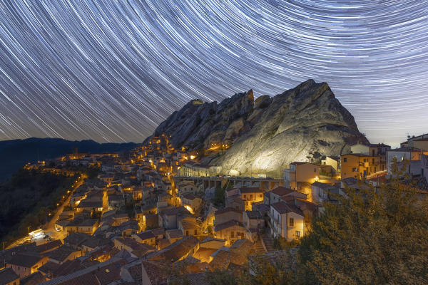 the movement of the stars, startrails, captured during a summer night in Pietrapertosa, municipality of Pietrapertosa,Potenza province, Basilicata district, Italy, Europe