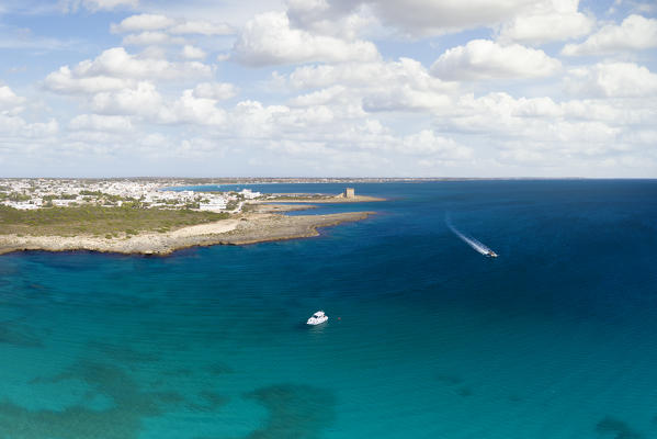 aerial view taken by drone of Torre Lapillo beach in summer time, municipality of Porto Cesareo, Lecce province, Apulia district, Italy, Europe
