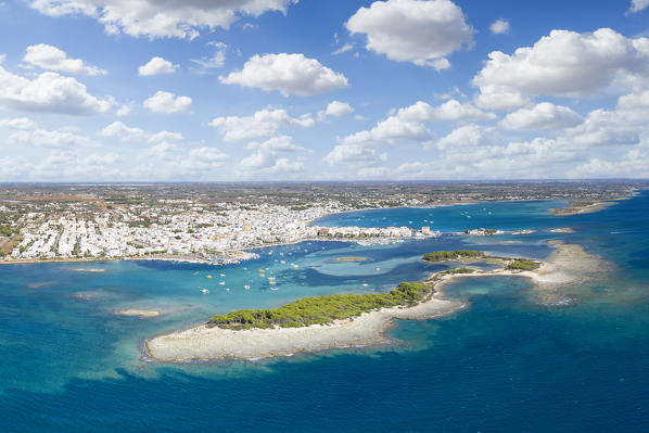 aerial view taken by drone of Porto Cesareo in summer time, municipality of Porto Cesareo, Lecce province, Apulia district, Italy, Europe