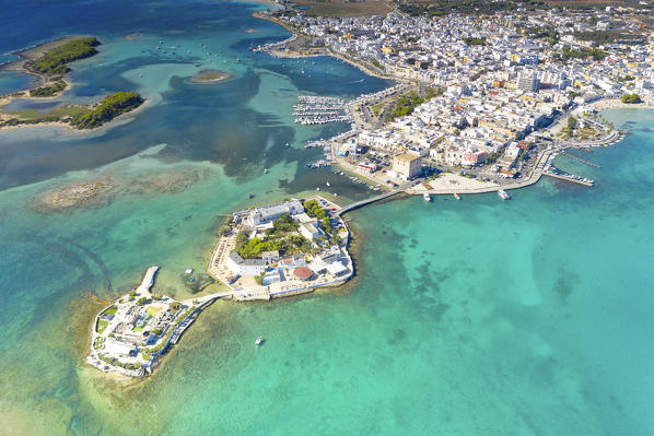 aerial view taken by drone of Porto Cesareo in summer time, municipality of Porto Cesareo, Lecce province, Apulia district, Italy, Europe