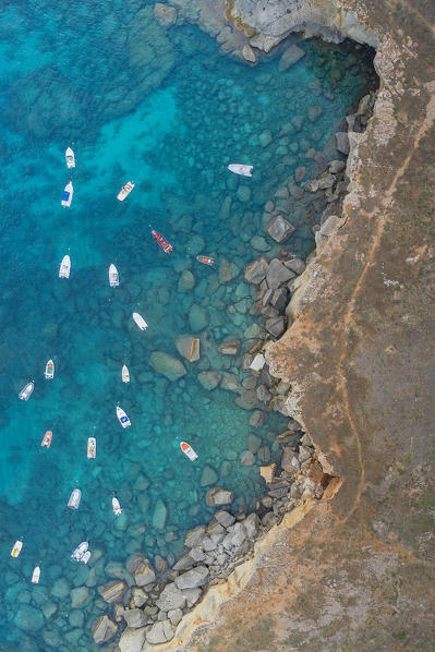 aerial view taken by drone of cliffs in Santa Cesarea Terme in summer time, municipality of Santa Cesarea Terme, Lecce province, Apulia district, Italy, Europe