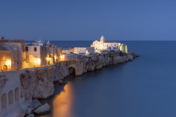 view of the historic center of Vieste, taken during a blue hour in summer time, municipality of Vieste, Foggia province, Apulia district, Italy, Europe