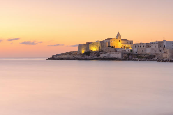 view of the Vieste historical centre, during a warm summer sunrise, municipality of Vieste, Foggia province, Apulia district, Italy, Europe