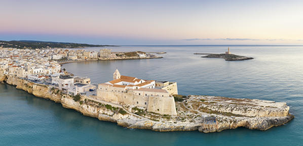 aerial view of the historic center of Vieste, taken during a summer sunrise, municipality of Vieste, Foggia province, Apulia district, Italy, Europe