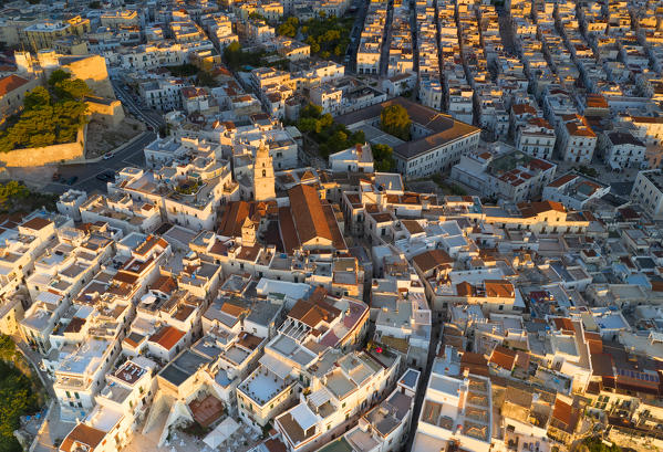 aerial view of the historic center of Vieste, taken during a summer sunrise, municipality of Vieste, Foggia province, Apulia district, Italy, Europe