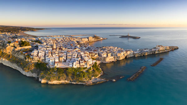 aerial view of the historic center of Vieste, taken during a summer sunrise, municipality of Vieste, Foggia province, Apulia district, Italy, Europe