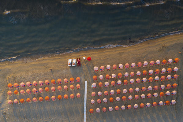 vertical aerial view of the equipped beach of Vieste, taken during a summer sunrise, municipality of Vieste, Foggia province, Apulia district, Italy, Europe